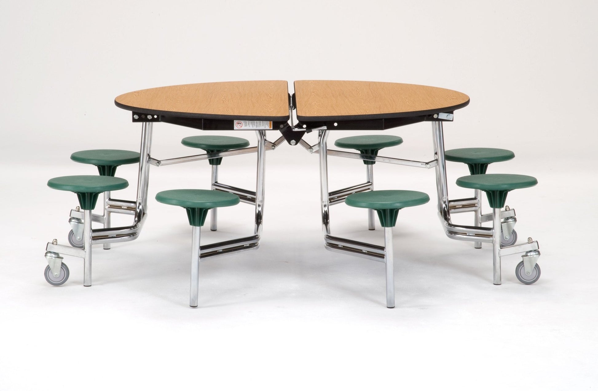 NPS 60" Round Mobile Cafeteria Table - 8 Stools - Plywood Core - Protect Edge - Chrome Frame - SchoolOutlet
