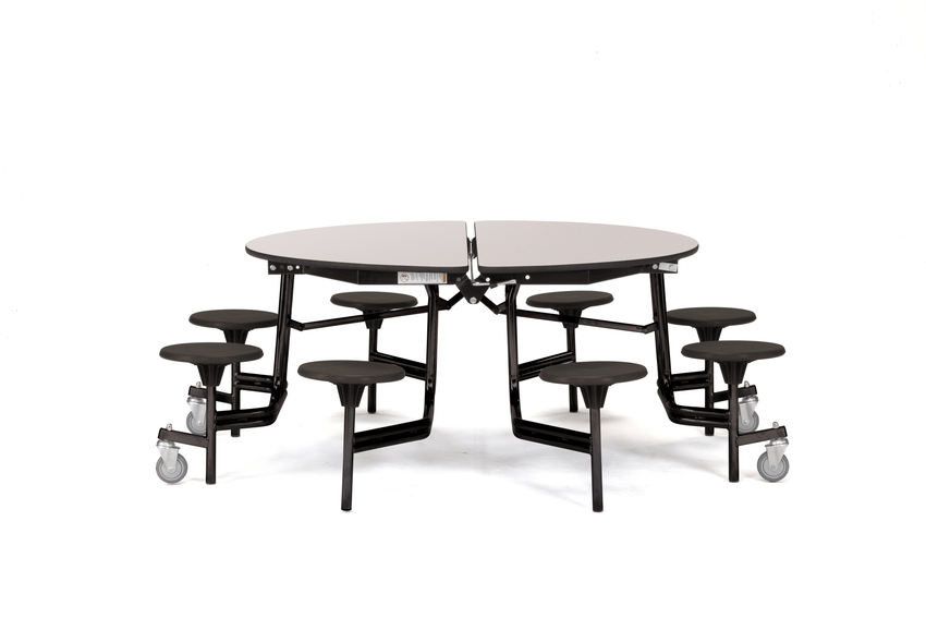 NPS 60" Round Mobile Cafeteria Table - 8 Stools - Plywood Core - Protect Edge - Black Powdercoated Frame - SchoolOutlet