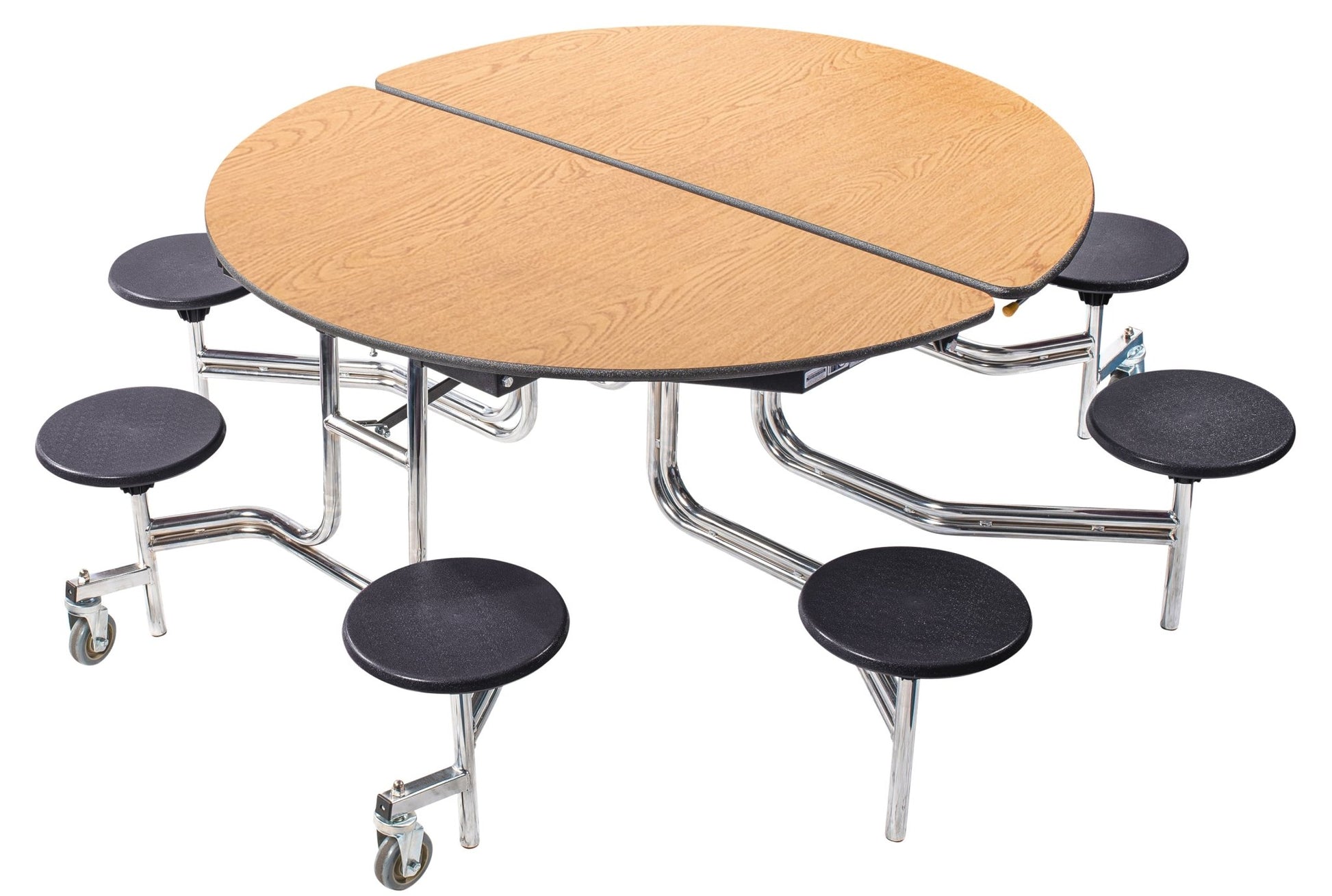 NPS 60" Round Mobile Cafeteria Table - 8 Stools - Plywood Core - T-Molding Edge - Chrome Frame - SchoolOutlet