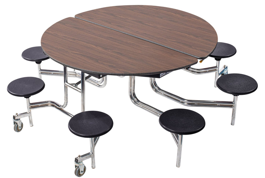 NPS 60" Round Mobile Cafeteria Table - 8 Stools - Plywood Core - T-Molding Edge - Chrome Frame - SchoolOutlet