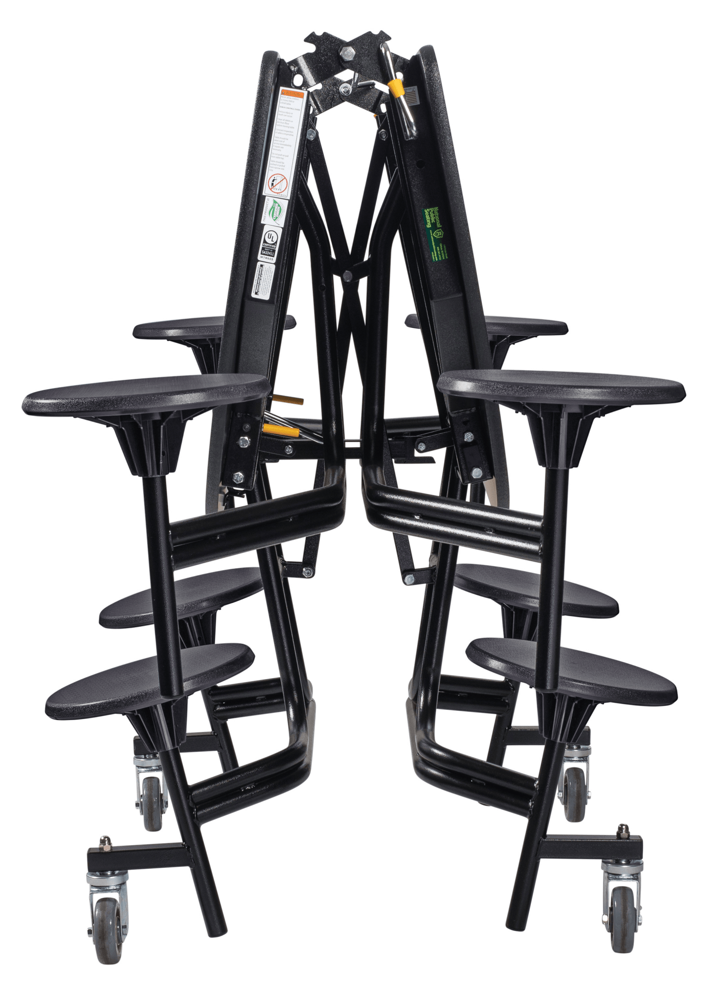 NPS 60" Round Mobile Cafeteria Table - 8 Stools - Plywood Core - T-Molding Edge - Black Powdercoated Frame - SchoolOutlet