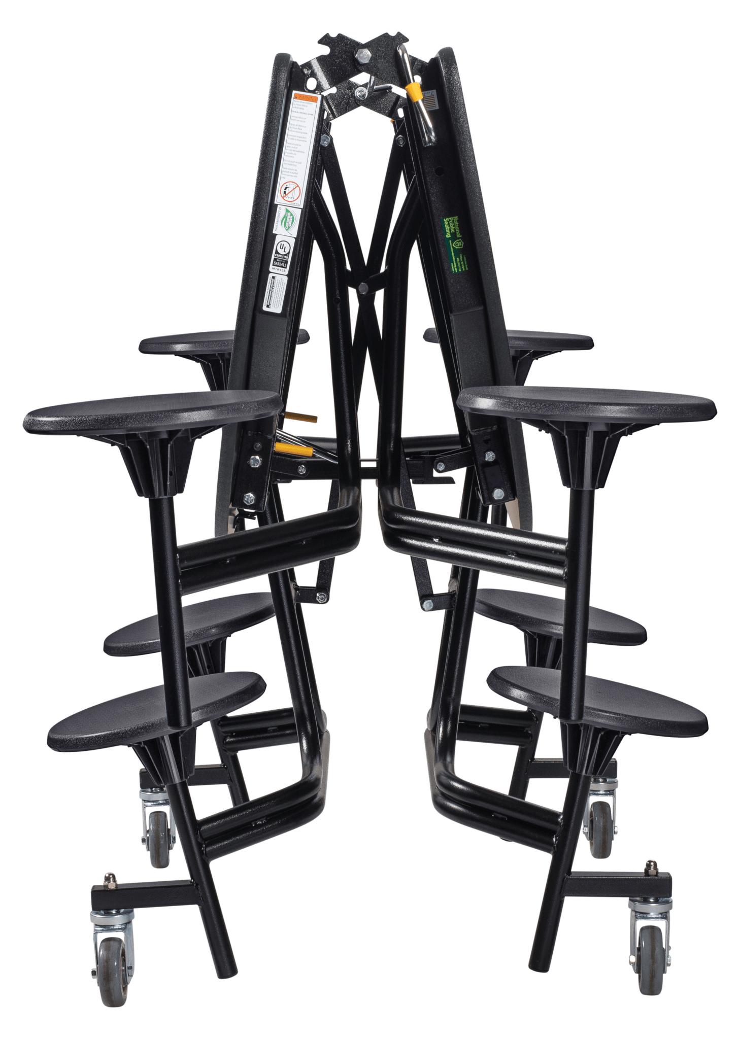 NPS 60" Round Mobile Cafeteria Table - 8 Stools - Plywood Core - T-Molding Edge - Black Powdercoated Frame - SchoolOutlet