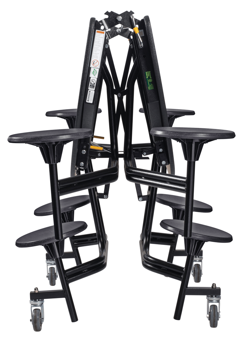 NPS 60" Round Mobile Cafeteria Table - 8 Stools - Plywood Core - T-Molding Edge - Black Powdercoated Frame - SchoolOutlet