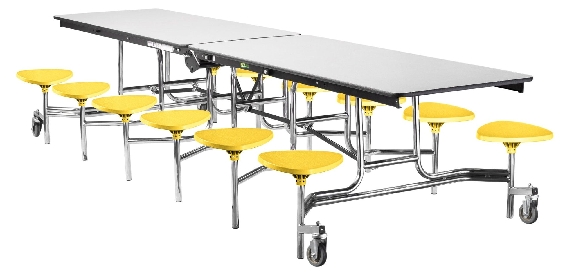 Mobile Cafeteria Lunchroom Stool Table - 30" W x 12' L - 12 Stools - Particleboard Core - T-Molding Edge - Chrome Frame - SchoolOutlet