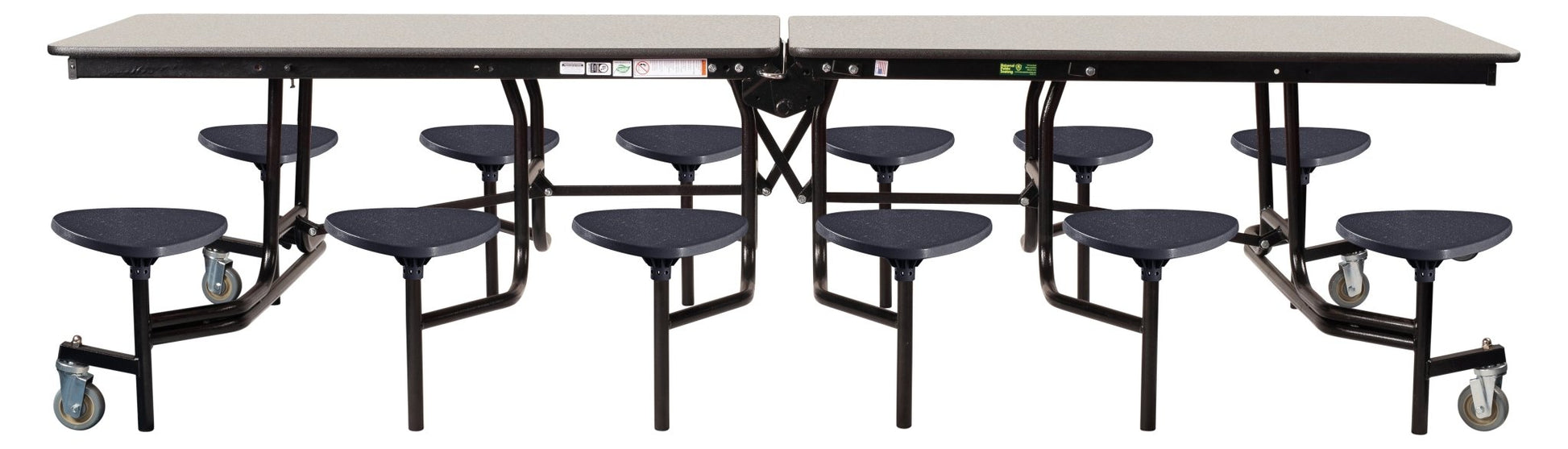 Mobile Cafeteria Lunchroom Stool Table - 30" W x 12' L - 12 Stools - Particleboard Core - T-Molding Edge - Chrome Frame - SchoolOutlet