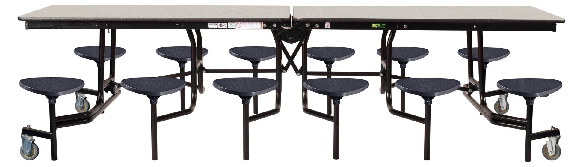 Mobile Cafeteria Lunchroom Stool Table - 30" W x 12' L - 12 Stools - Plywood Core - T-Molding Edge - Black Powdercoated Frame - SchoolOutlet