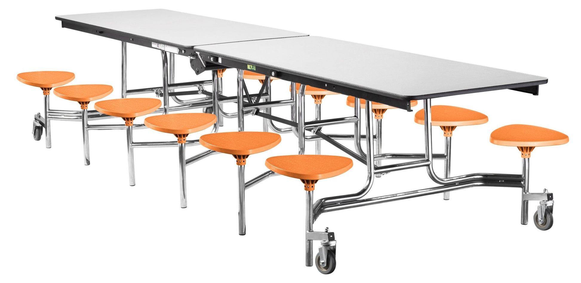 Mobile Cafeteria Lunchroom Stool Table - 30" W x 12' L - 12 Stools - Plywood Core - T-Molding Edge - Black Powdercoated Frame - SchoolOutlet