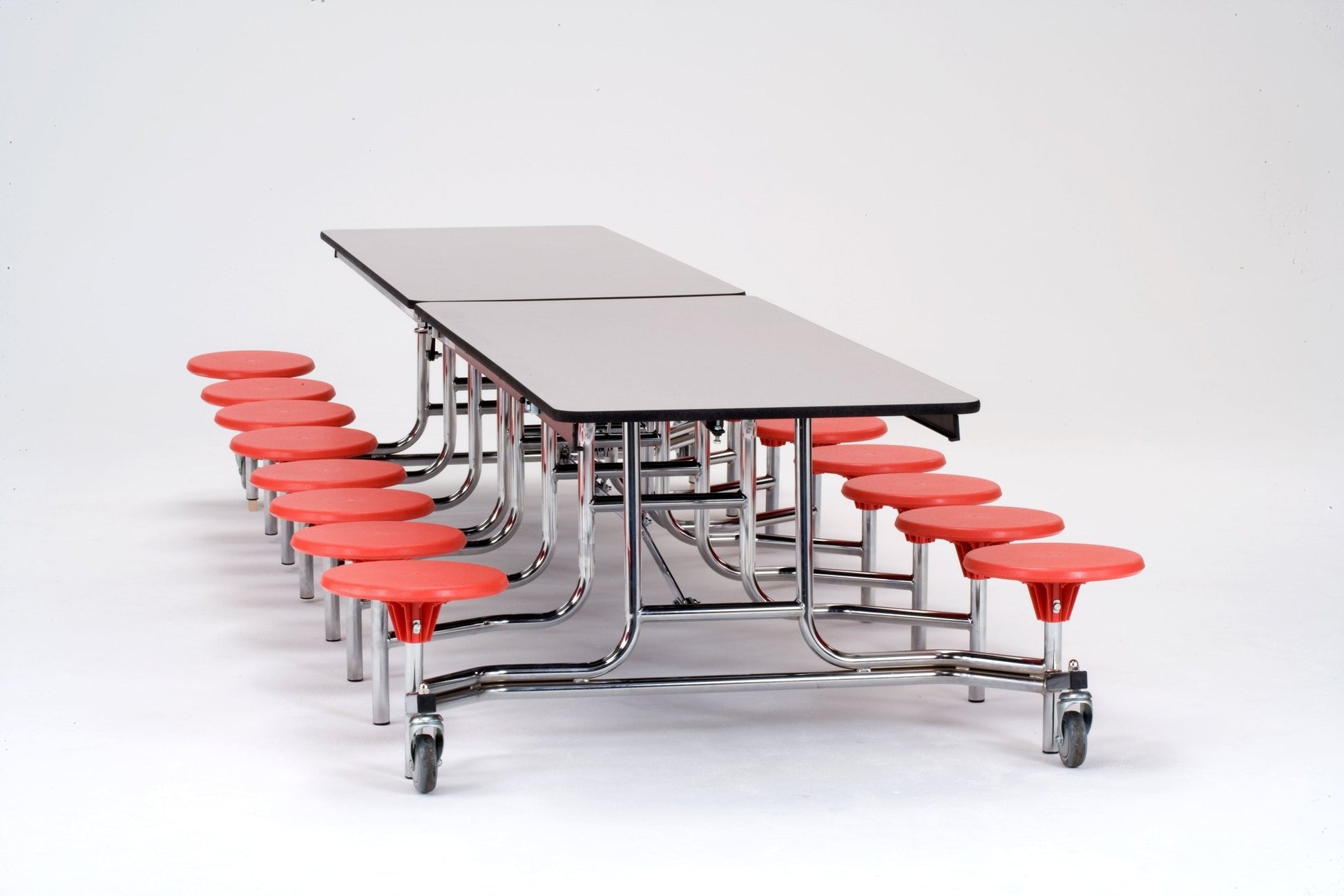 NPS Mobile Cafeteria Table - 30" W x 12' L - 16 Stools - Plywood Core - T-Molding Edge - Chrome Frame - SchoolOutlet