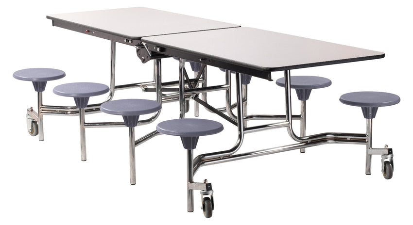 NPS Mobile Cafeteria Table - 30" W x 8' L - 8 Stools - Plywood Core - T-Molding Edge - Chrome Frame - SchoolOutlet