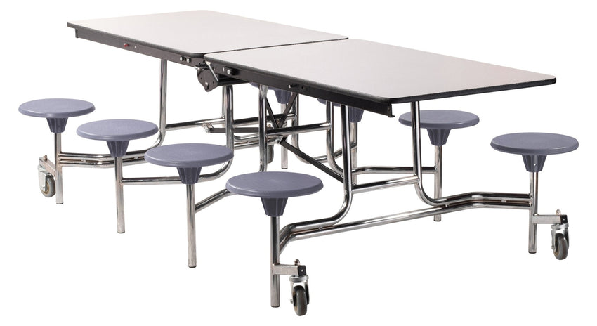 NPS Mobile Cafeteria Table - 30" W x 8' L - 8 Stools - Plywood Core - T-Molding Edge - Black Powdercoated Frame - SchoolOutlet