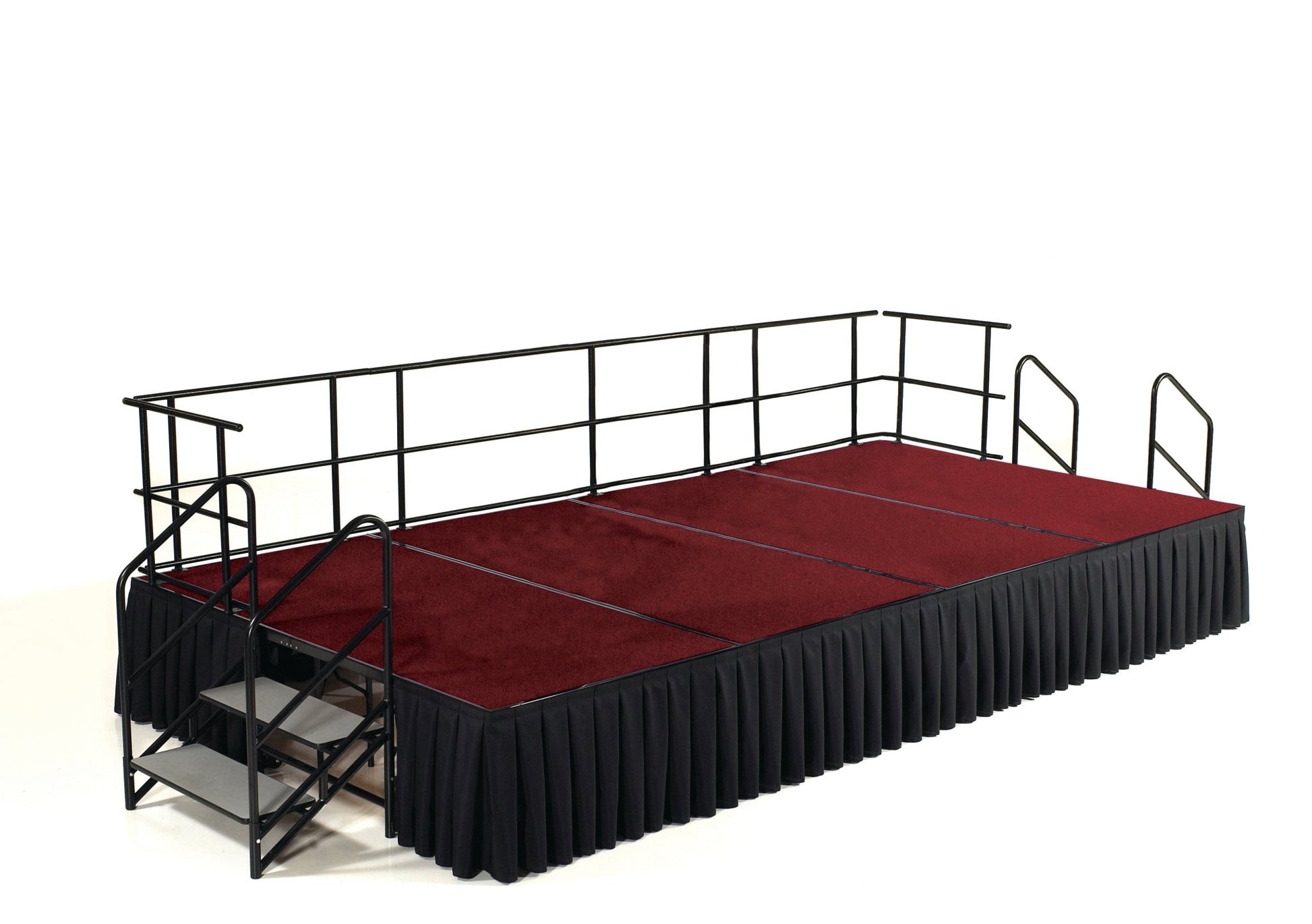 NPS Portable Stage Package w/ Carpeted or Hardboard Surface, 36"W x 24"H x 96"L - Black Box Skirting - SchoolOutlet