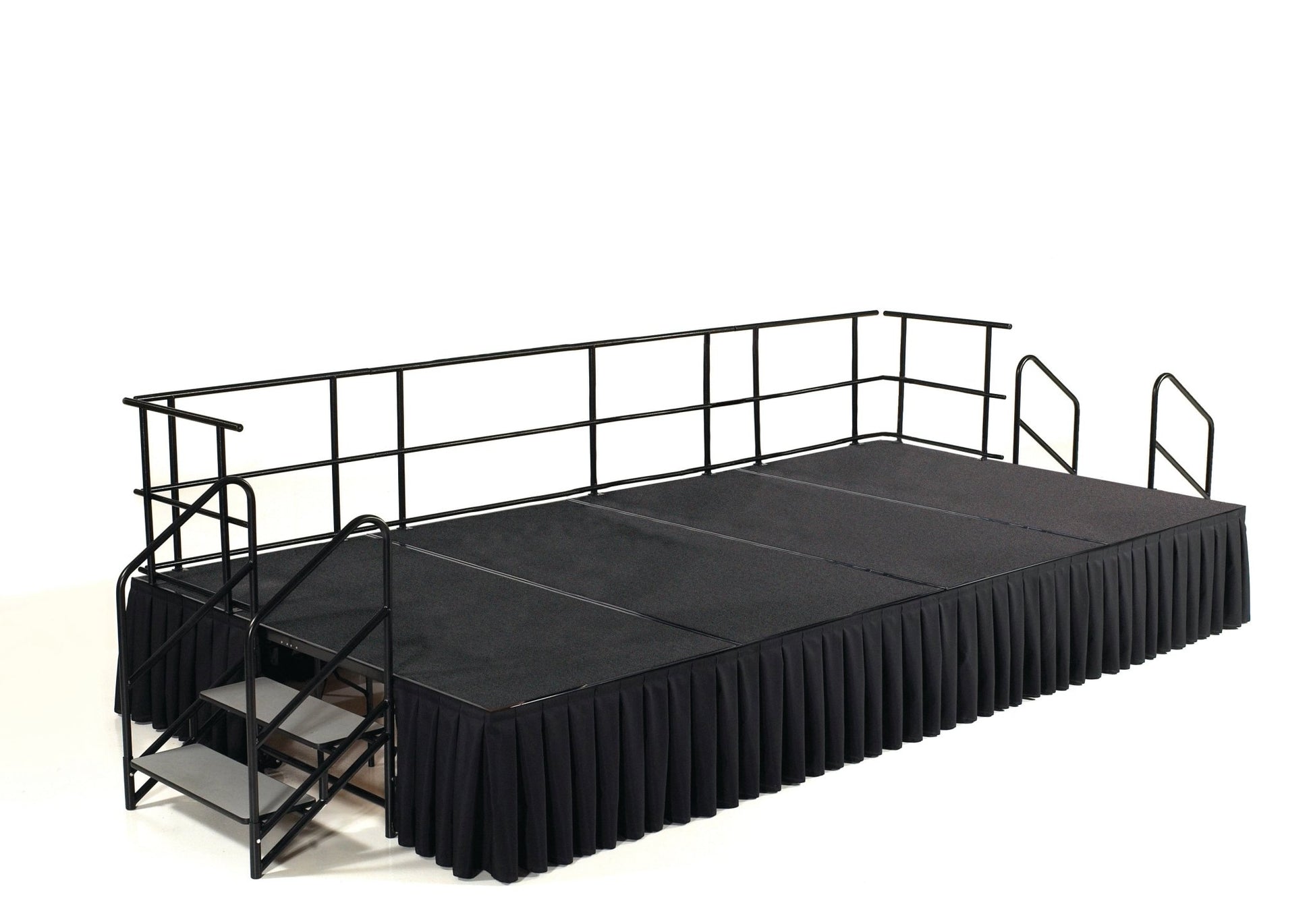 NPS Portable Stage Package w/ Carpeted or Hardboard Surface, 48"W x 24"H x 96"L, Boxed or Shirred Pleat Black Skirting - SchoolOutlet