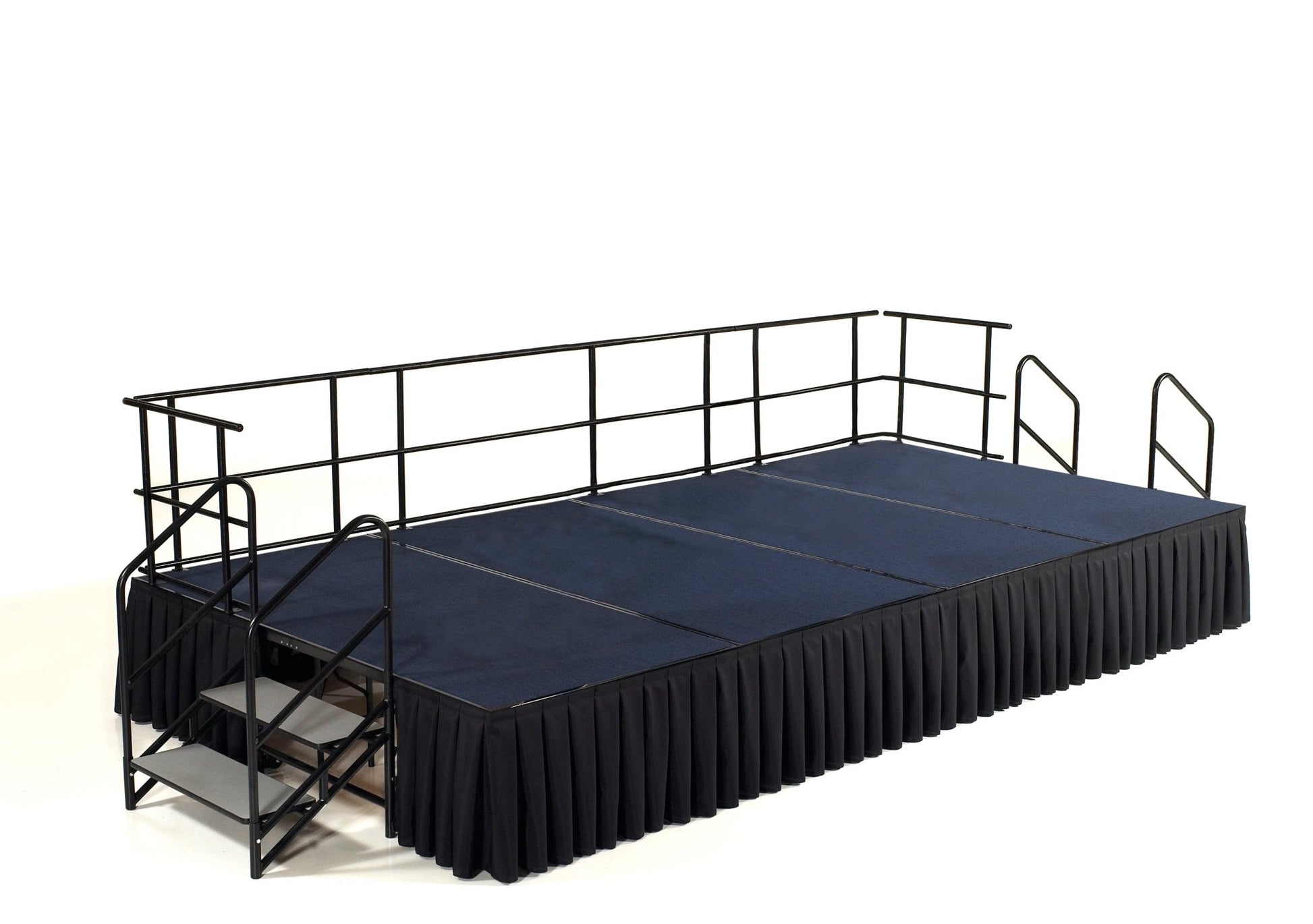 NPS Portable Stage Package w/ Carpeted or Hardboard Surface, 48"W x 24"H x 96"L, Boxed or Shirred Pleat Black Skirting - SchoolOutlet