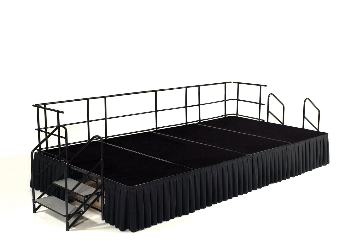 NPS Portable Stage Package w/ Carpeted or Hardboard Surface, 48"W x 24"H x 96"L, Boxed or Shirred Pleat Black Skirting - SchoolOutlet
