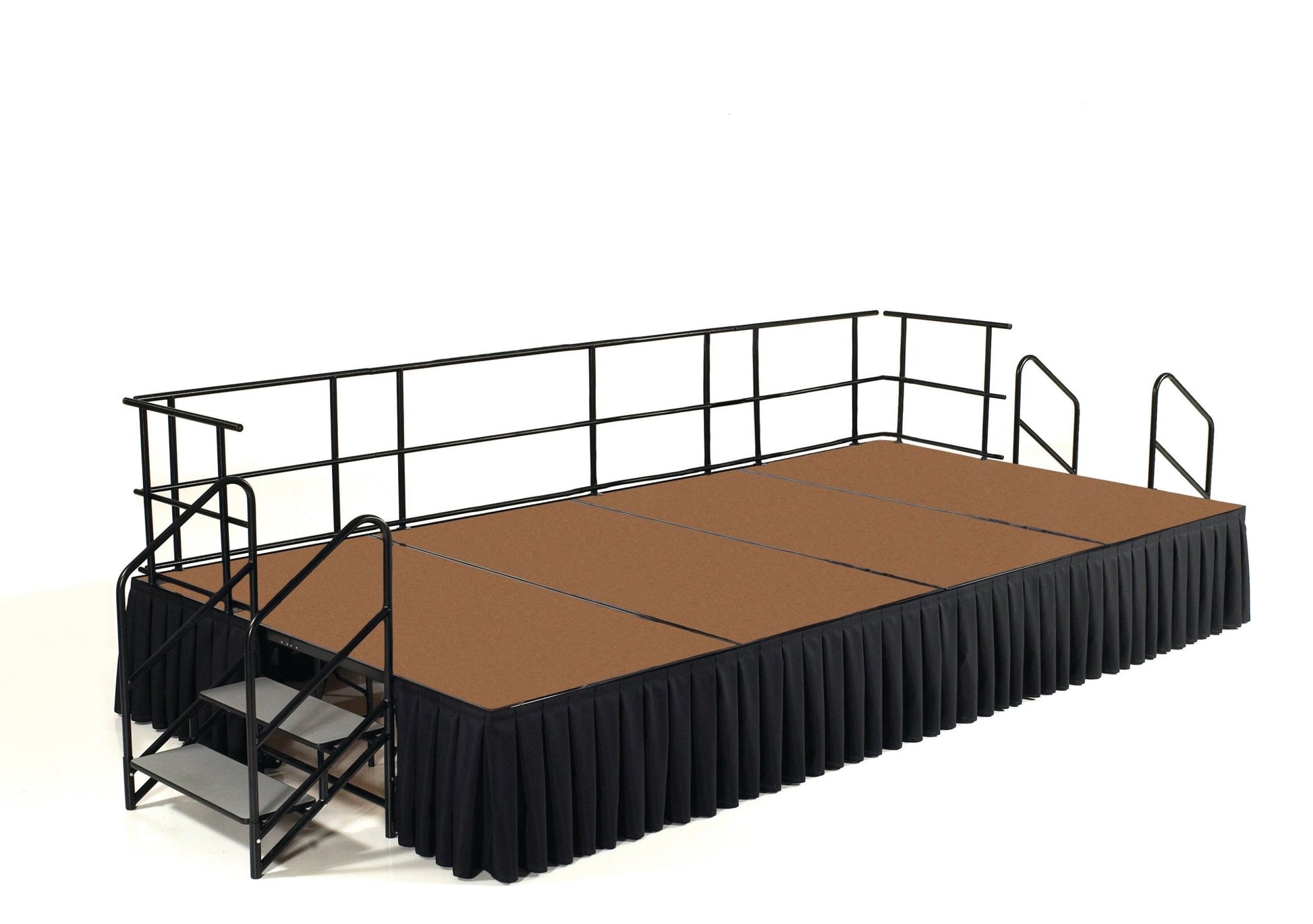 NPS Portable Stage Package w/ Carpeted or Hardboard Surface, 48"W x 24"H x 96"L, Boxed or Shirred Pleat Black Skirting - SchoolOutlet