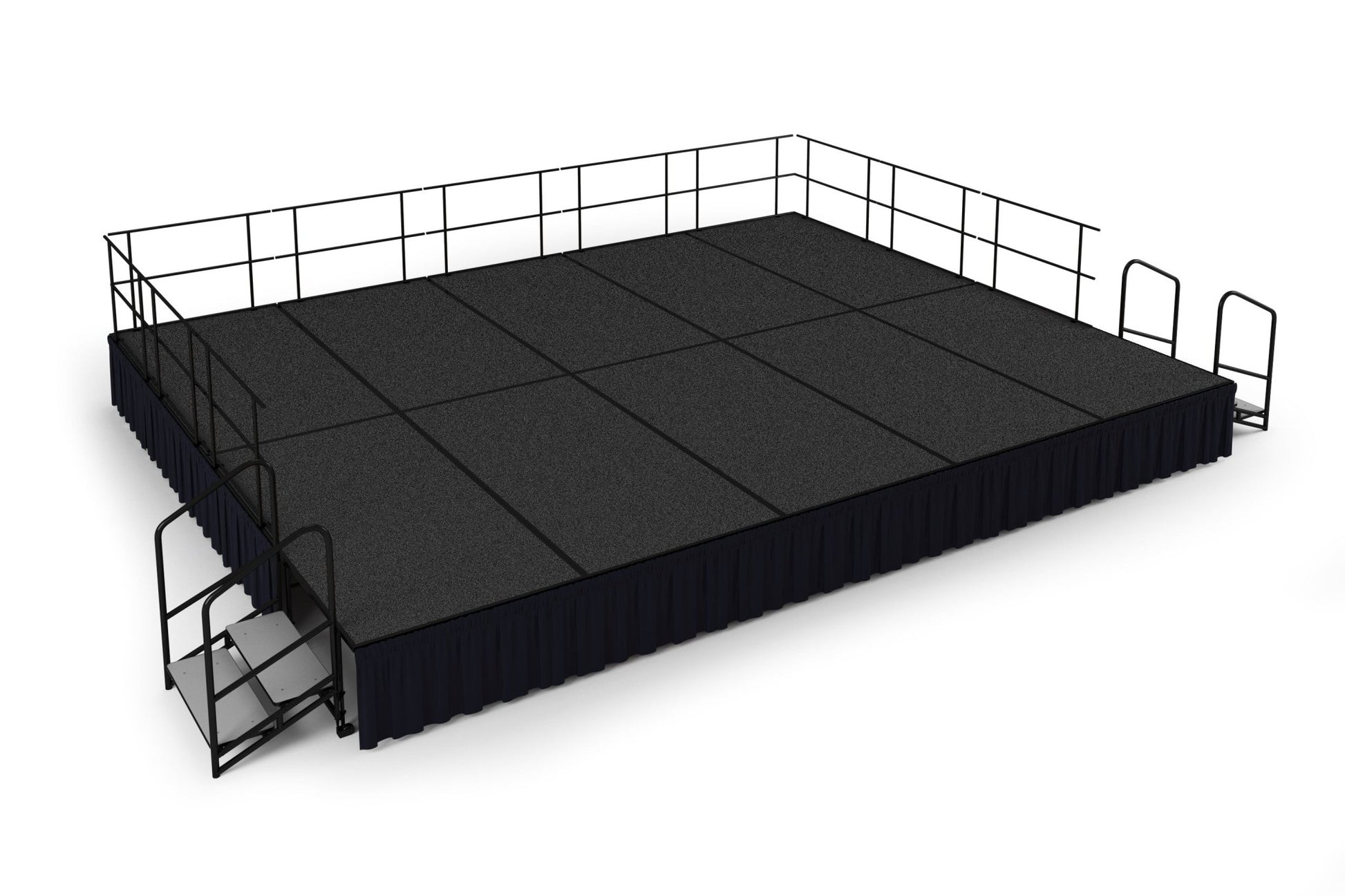 NPS Portable Stage Package w/ Carpeted or Hardboard Surface, 48"W x 24"H x 96"L, Boxed or Shirred Pleat Black Skirting - SchoolOutlet