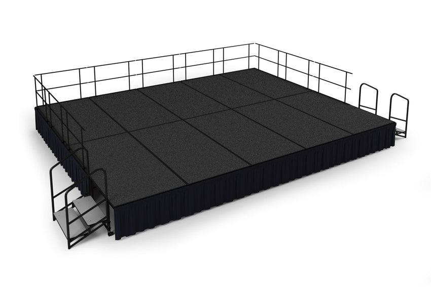 NPS Portable Stage Package w/ Carpeted or Hardboard Surface, 48"W x 24"H x 96"L, Boxed or Shirred Pleat Black Skirting - SchoolOutlet