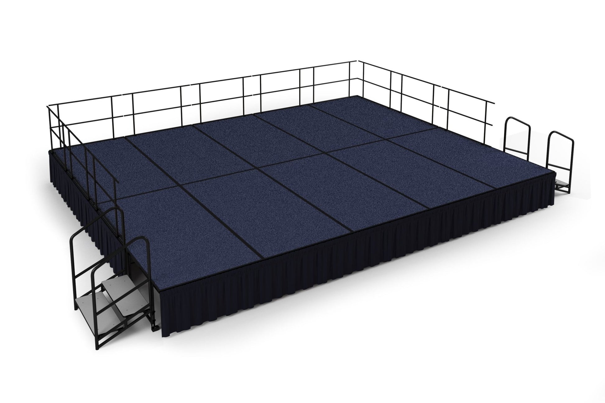 NPS Portable Stage Package w/ Carpeted or Hardboard Surface, 48"W x 24"H x 96"L, Boxed or Shirred Pleat Black Skirting - SchoolOutlet