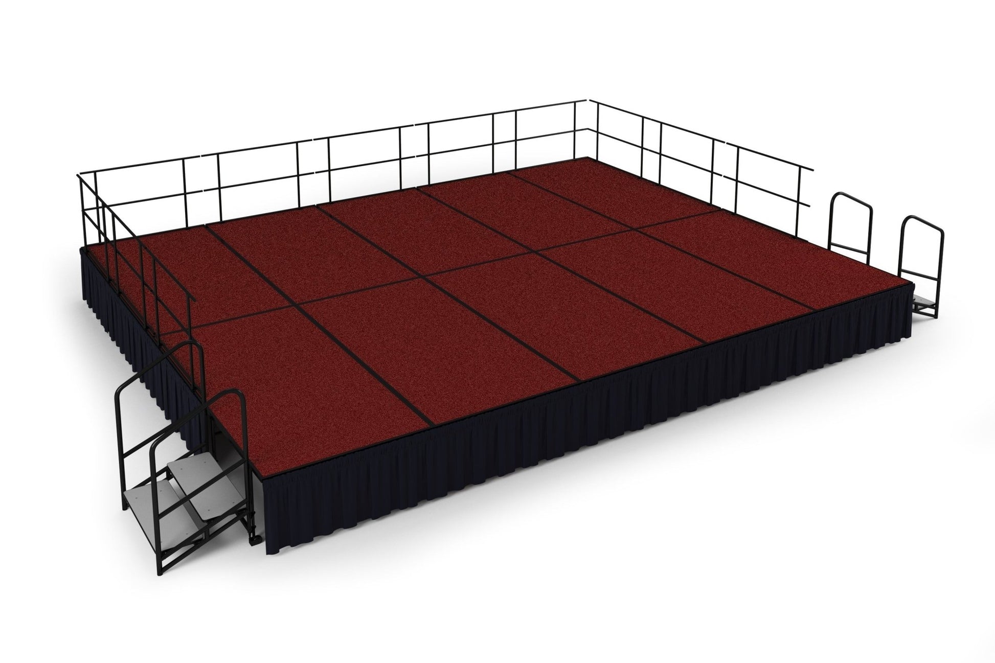 NPS Portable Stage Package w/ Carpeted or Hardboard Surface, 48"W x 24"H x 96"L, Boxed or Shirred Pleat Black Skirting - SchoolOutlet