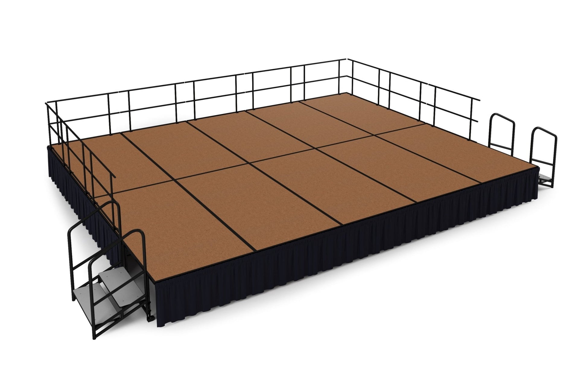 NPS Portable Stage Package w/ Carpeted or Hardboard Surface, 48"W x 24"H x 96"L, Boxed or Shirred Pleat Black Skirting - SchoolOutlet