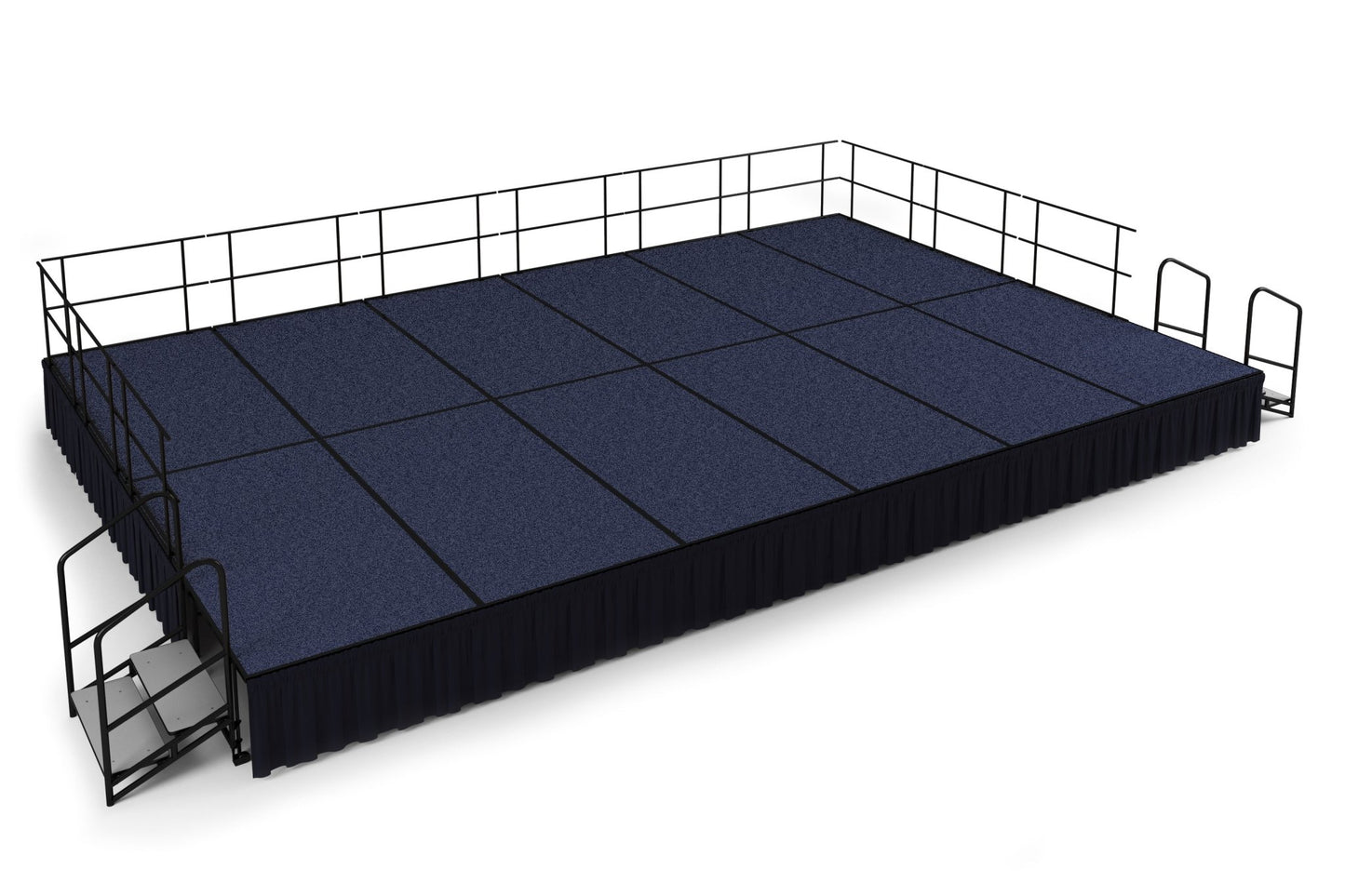 NPS Portable Stage Package w/ Carpeted or Hardboard Surface, 48"W x 24"H x 96"L, Boxed or Shirred Pleat Black Skirting - SchoolOutlet