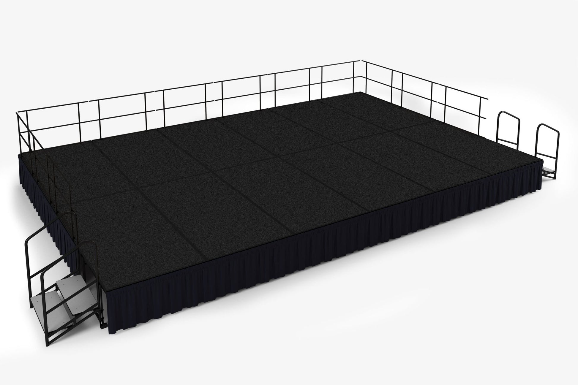 NPS Portable Stage Package w/ Carpeted or Hardboard Surface, 48"W x 24"H x 96"L, Boxed or Shirred Pleat Black Skirting - SchoolOutlet