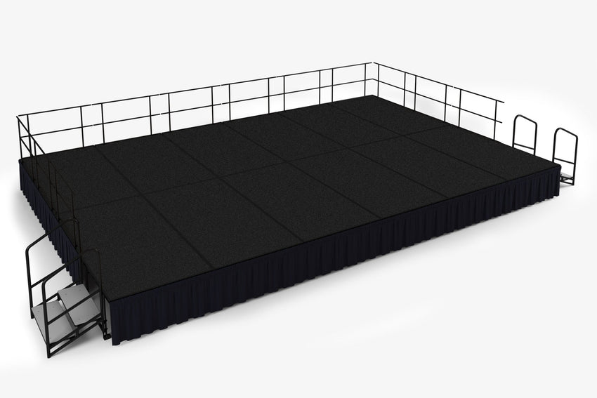 NPS Portable Stage Package w/ Carpeted or Hardboard Surface, 48"W x 24"H x 96"L, Boxed or Shirred Pleat Black Skirting - SchoolOutlet