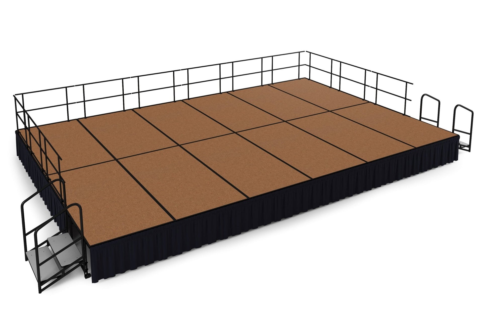 NPS Portable Stage Package w/ Carpeted or Hardboard Surface, 48"W x 24"H x 96"L, Boxed or Shirred Pleat Black Skirting - SchoolOutlet