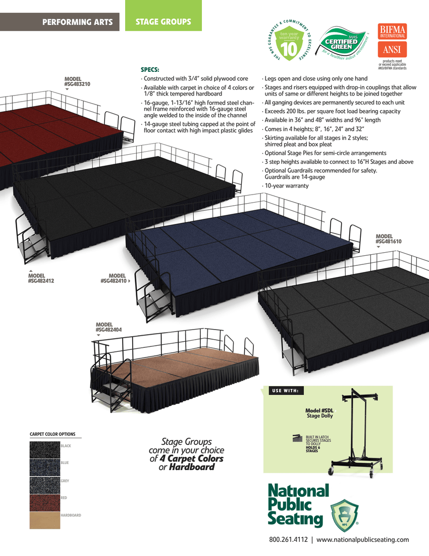 NPS Portable Stage Package w/ Carpeted or Hardboard Surface, 48"W x 32"H x 96"L - Black Shirred Skirting - SchoolOutlet