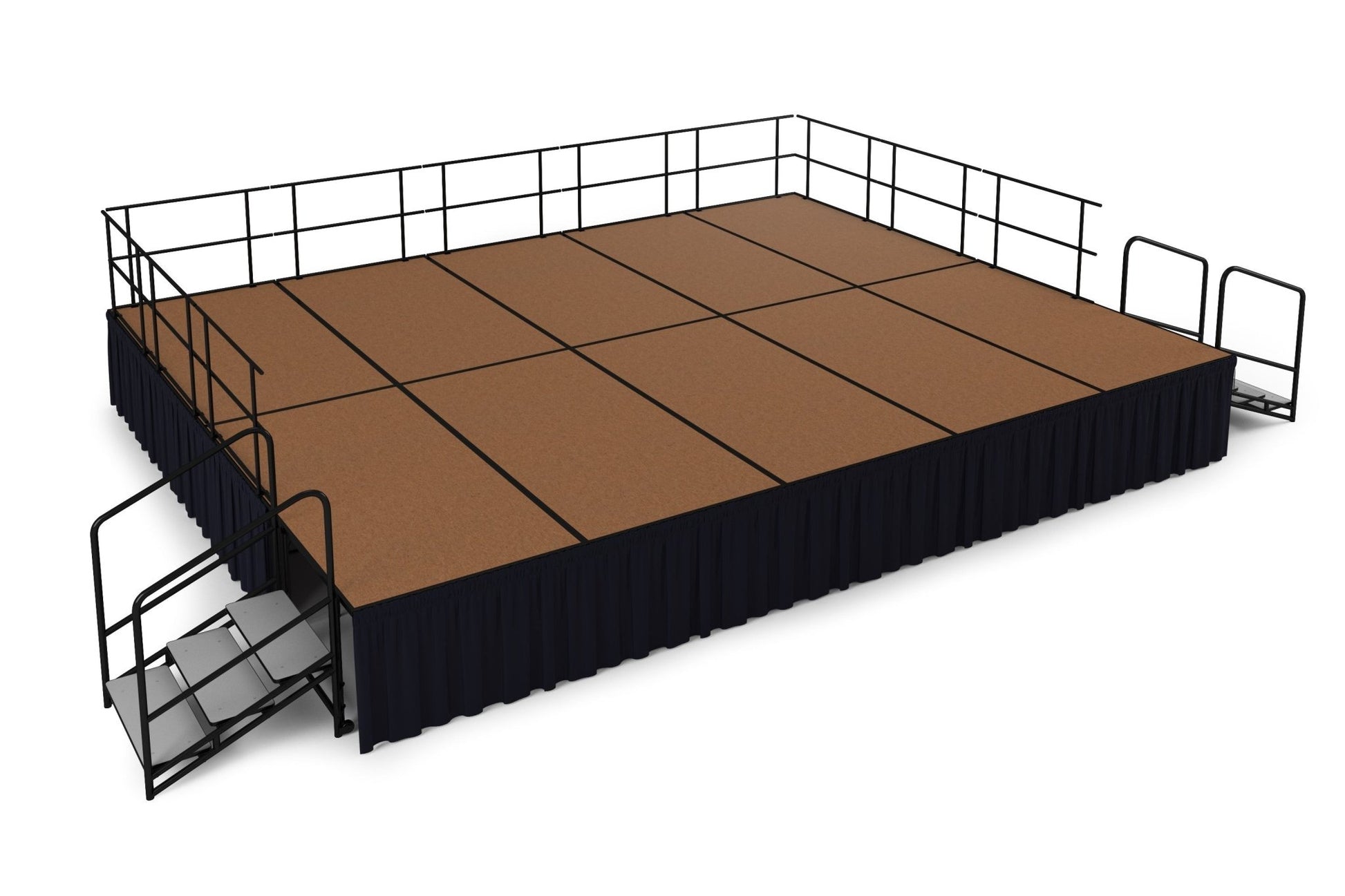 NPS Portable Stage Package w/ Carpeted or Hardboard Surface, 48"W x 32"H x 96"L - Black Shirred Skirting - SchoolOutlet