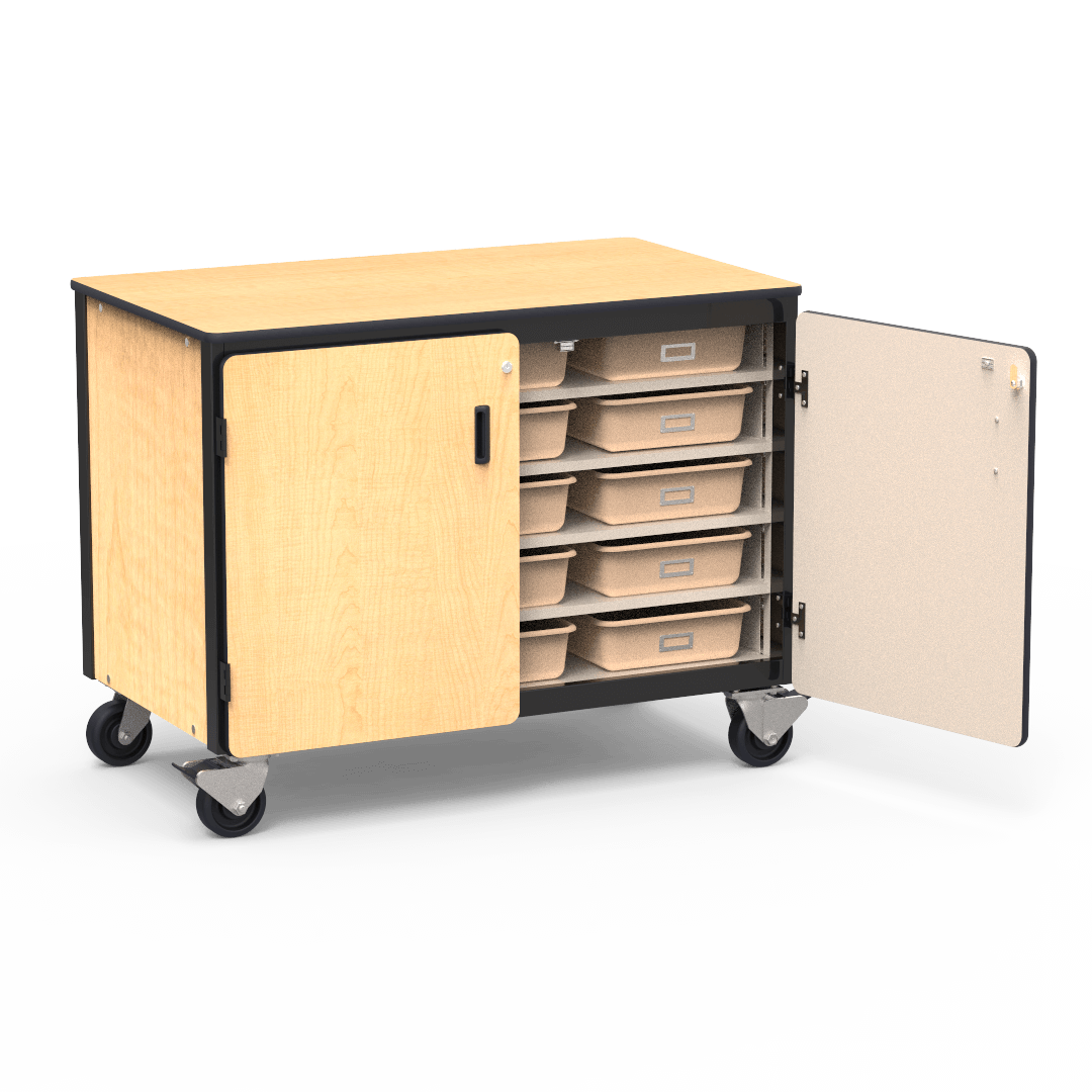 Virco 2301-15TT - Mobile Storage Cabinet With Five Steel Shelves, 15 Tote Trays, 2 Hinged Doors - 48"W x 28"D x 36"H (Virco 2301-15TT) - SchoolOutlet