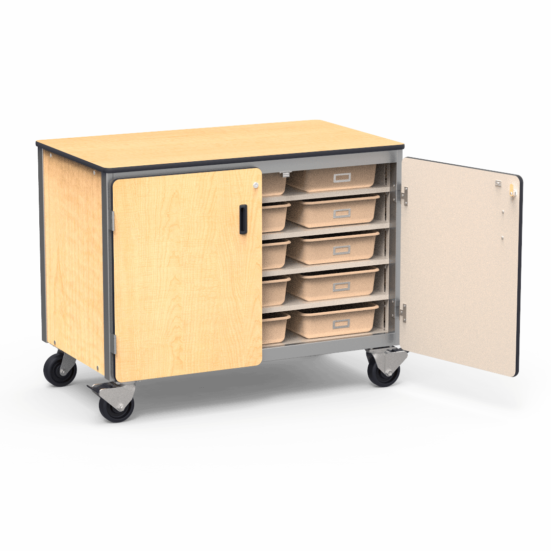 Virco 2301-15TT - Mobile Storage Cabinet With Five Steel Shelves, 15 Tote Trays, 2 Hinged Doors - 48"W x 28"D x 36"H (Virco 2301-15TT) - SchoolOutlet