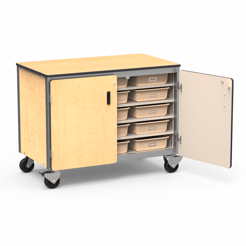 Virco 2301-15TT - Mobile Storage Cabinet With Five Steel Shelves, 15 Tote Trays, 2 Hinged Doors - 48"W x 28"D x 36"H (Virco 2301-15TT) - SchoolOutlet