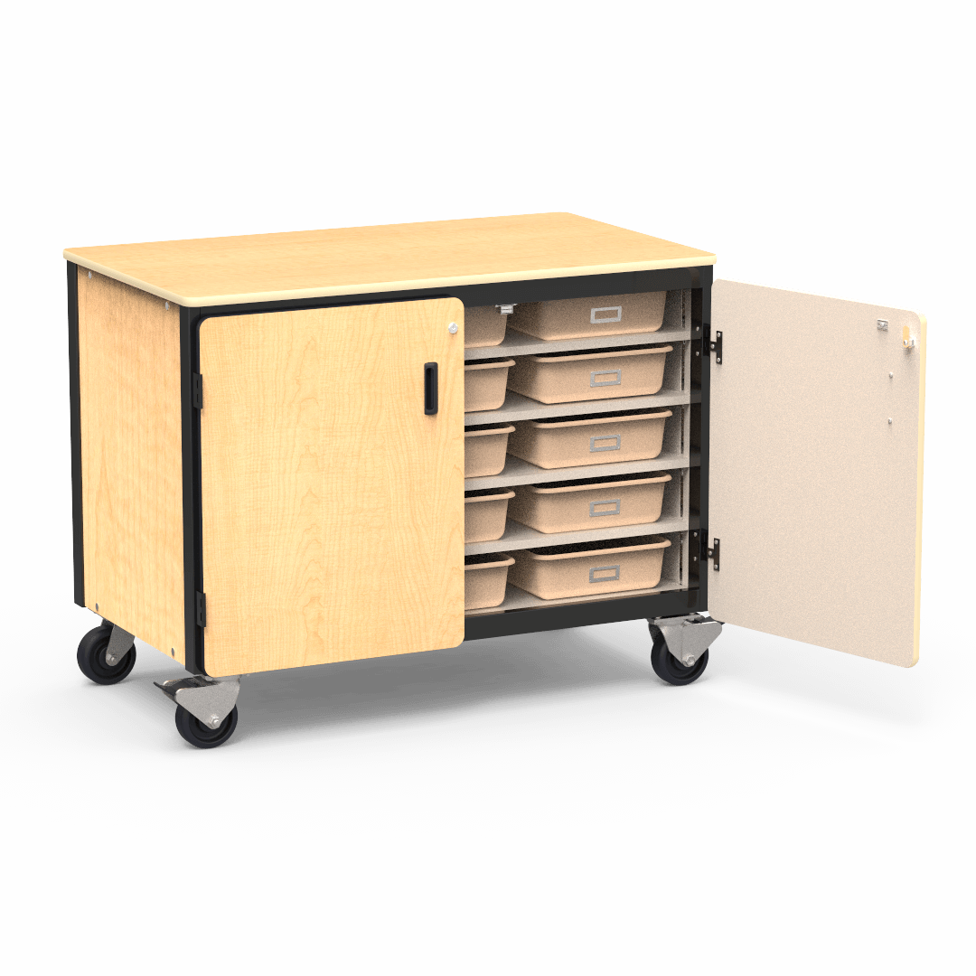 Virco 2301-15TT - Mobile Storage Cabinet With Five Steel Shelves, 15 Tote Trays, 2 Hinged Doors - 48"W x 28"D x 36"H (Virco 2301-15TT) - SchoolOutlet