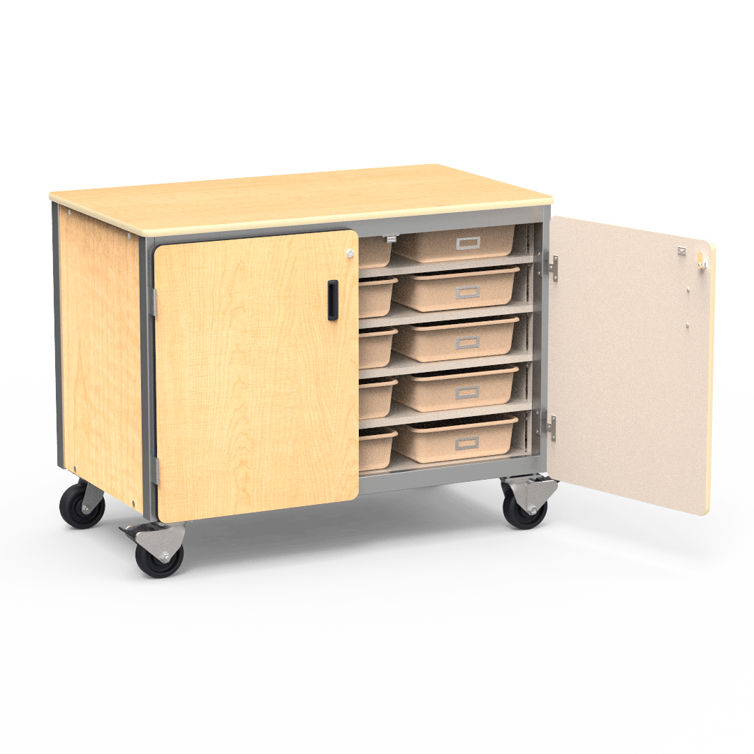 Virco 2301-15TT - Mobile Storage Cabinet With Five Steel Shelves, 15 Tote Trays, 2 Hinged Doors - 48"W x 28"D x 36"H (Virco 2301-15TT) - SchoolOutlet