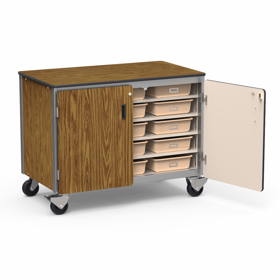 Virco 2301-15TT - Mobile Storage Cabinet With Five Steel Shelves, 15 Tote Trays, 2 Hinged Doors - 48"W x 28"D x 36"H (Virco 2301-15TT) - SchoolOutlet