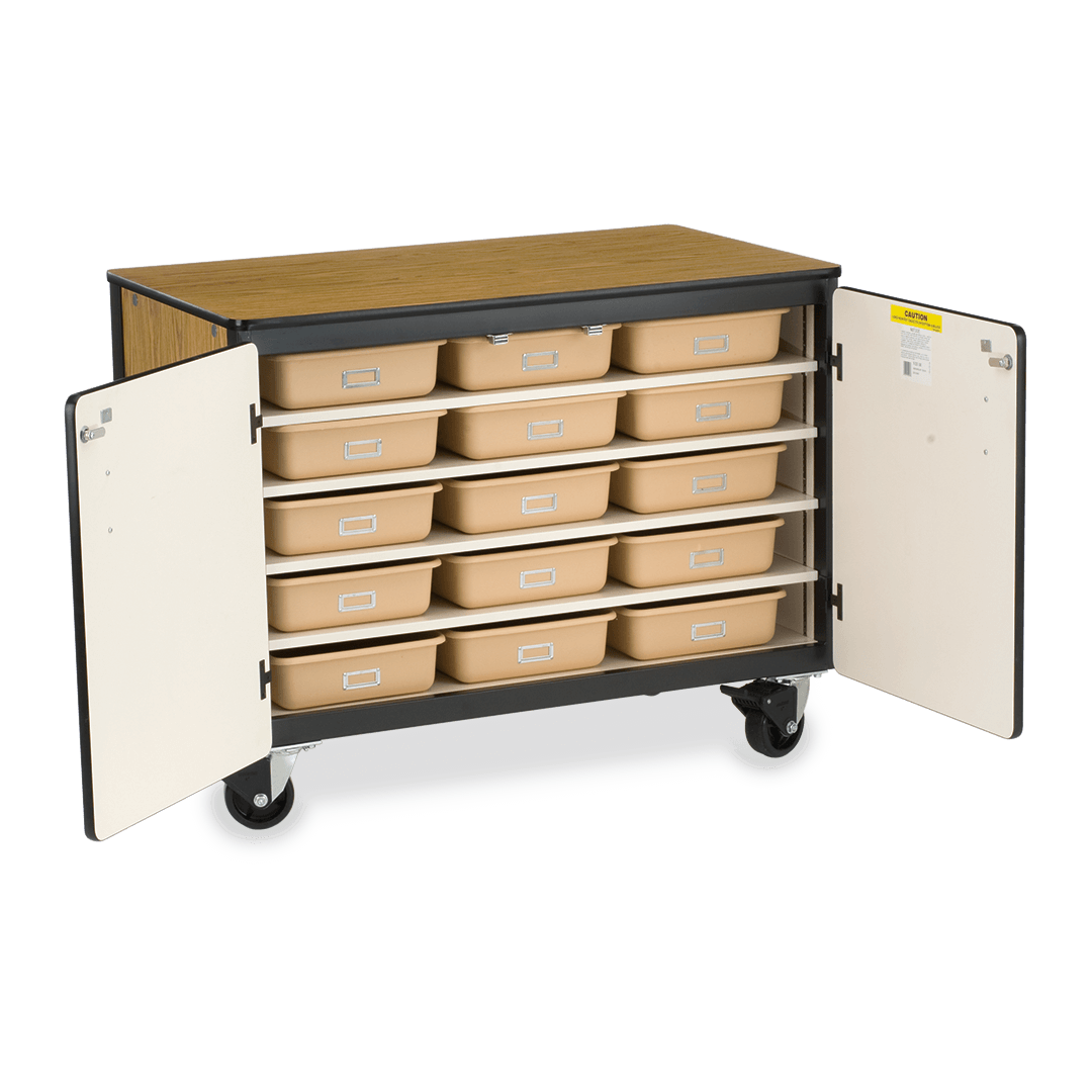 Virco 2301-15TT - Mobile Storage Cabinet With Five Steel Shelves, 15 Tote Trays, 2 Hinged Doors - 48"W x 28"D x 36"H (Virco 2301-15TT) - SchoolOutlet