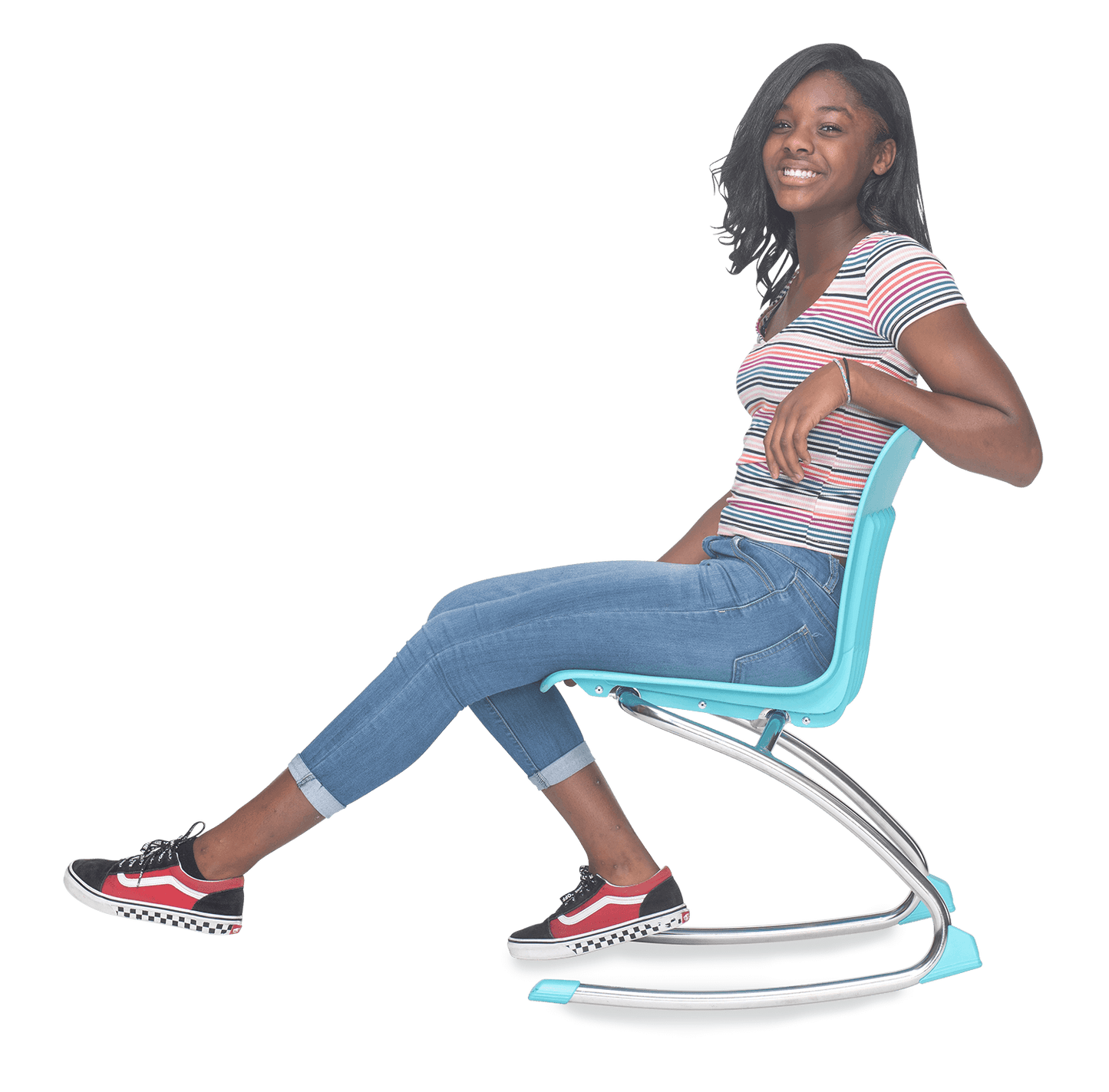 Kid sitting on a light blue Rocking Classroom Chair with two curved legs