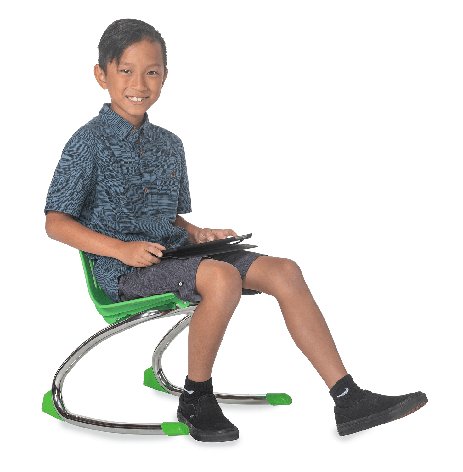 Kid sitting on a green Rocking Classroom Chair with two curved legs