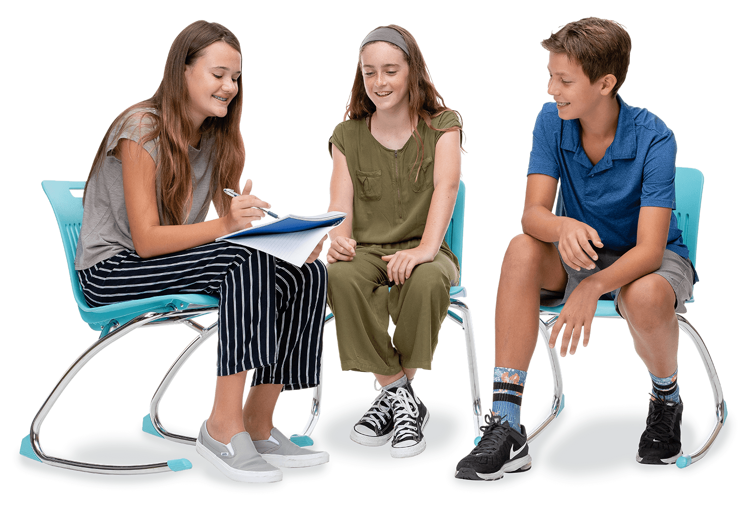 3 kids sitting in light blue Rocking Classroom Chair with two curved legs