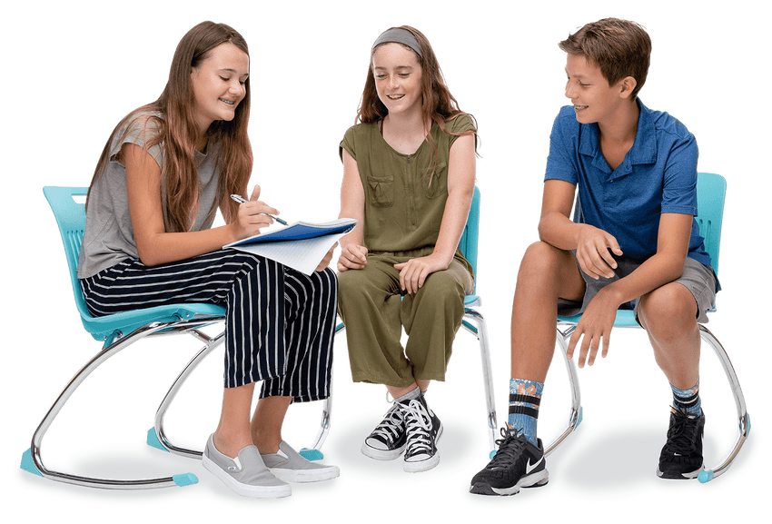 3 kids sitting in light blue Rocking Classroom Chair with two curved legs