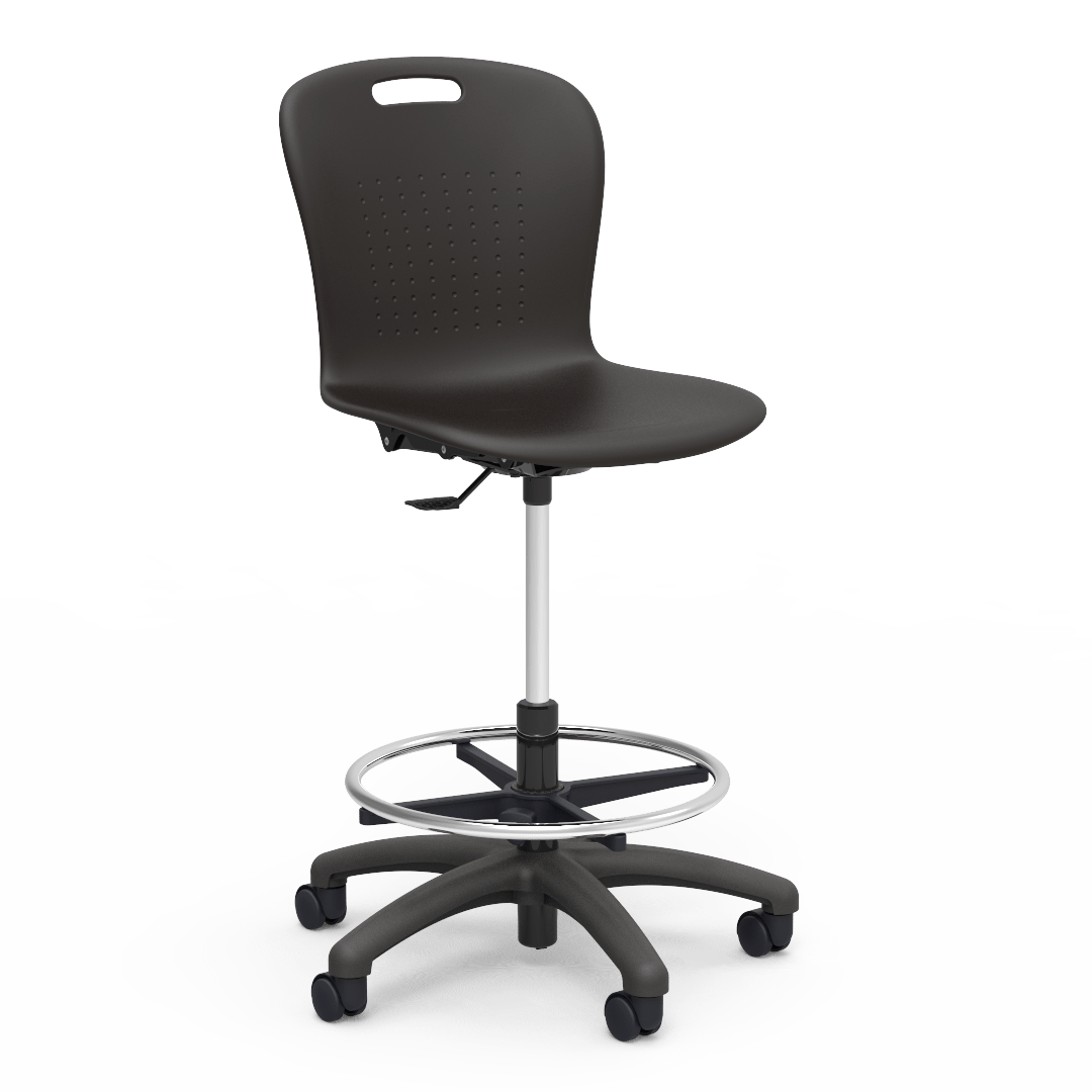 Virco SGLAB - Sage Series Ergonomic Plastic Mobile Lab Stool with Chrome Footring and Black Base/Wheels - Seat Adjusts from 19 1/2" to 27" - SchoolOutlet