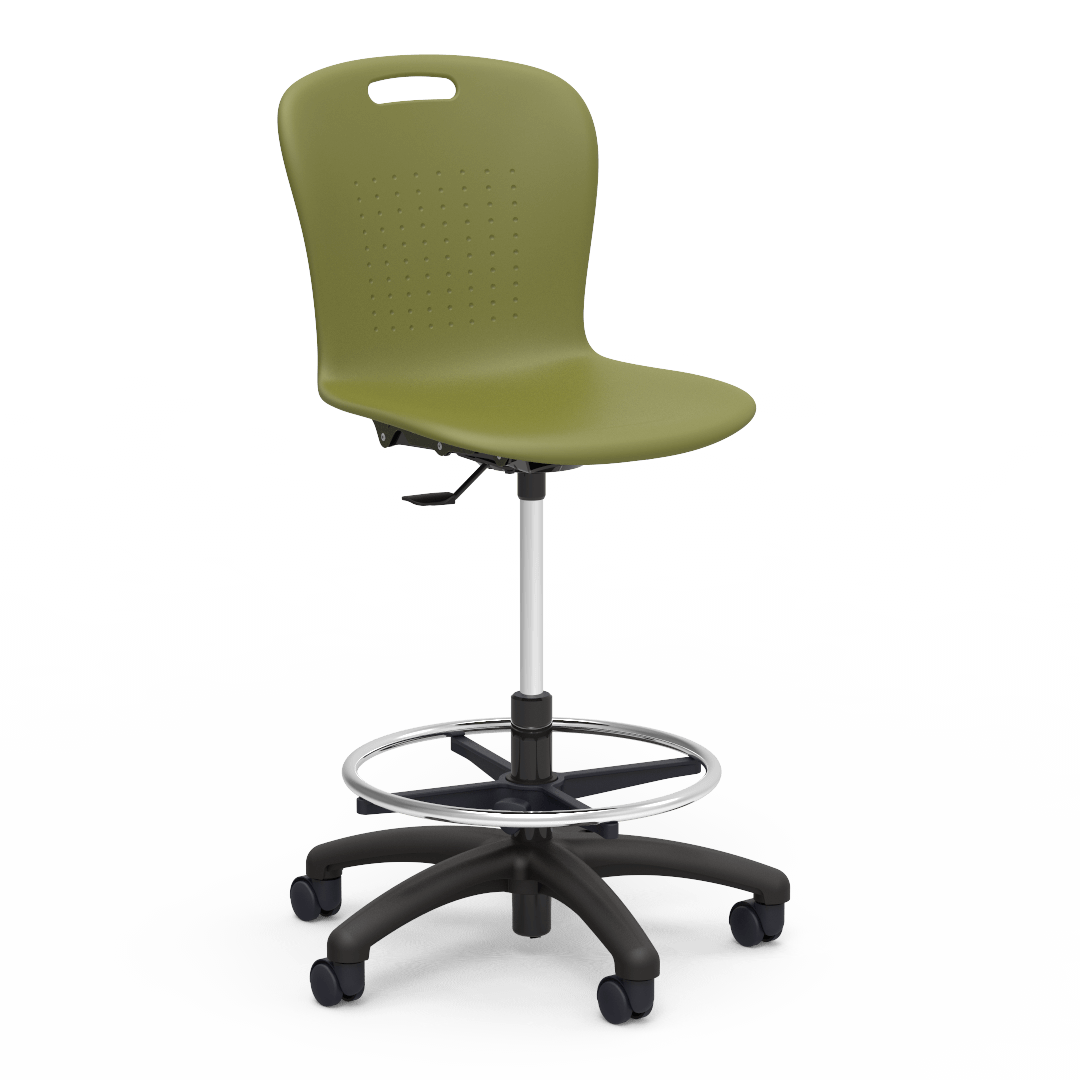 Virco SGLAB - Sage Series Ergonomic Plastic Mobile Lab Stool with Chrome Footring and Black Base/Wheels - Seat Adjusts from 19 1/2" to 27" - SchoolOutlet