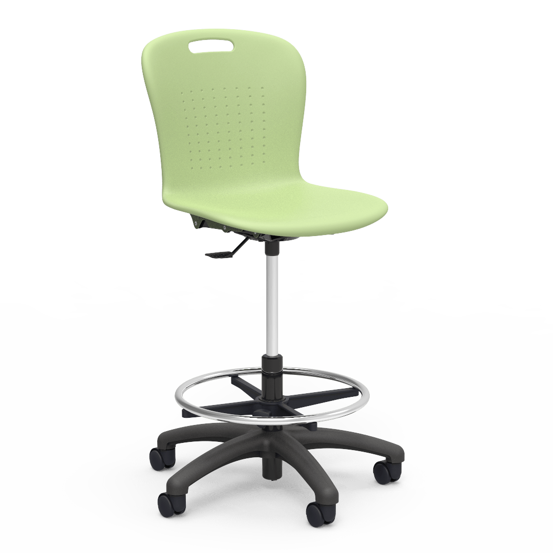 Virco SGLAB - Sage Series Ergonomic Plastic Mobile Lab Stool with Chrome Footring and Black Base/Wheels - Seat Adjusts from 19 1/2" to 27" - SchoolOutlet