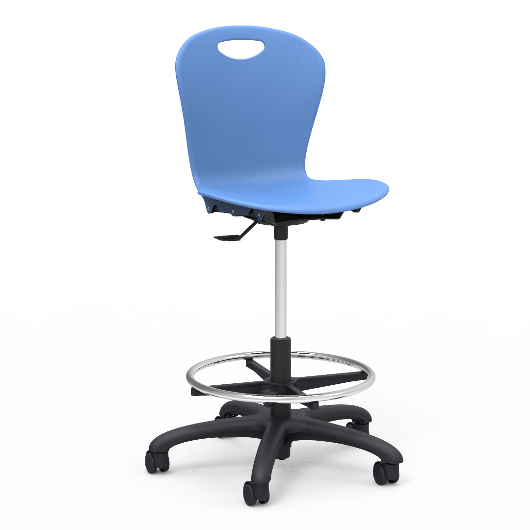 Virco ZLAB - Zuma Series Mobile Lab Stool with Chrome Footring and Black Base/Wheels - Seat Adjusts from 19 1/2" to 27" - SchoolOutlet