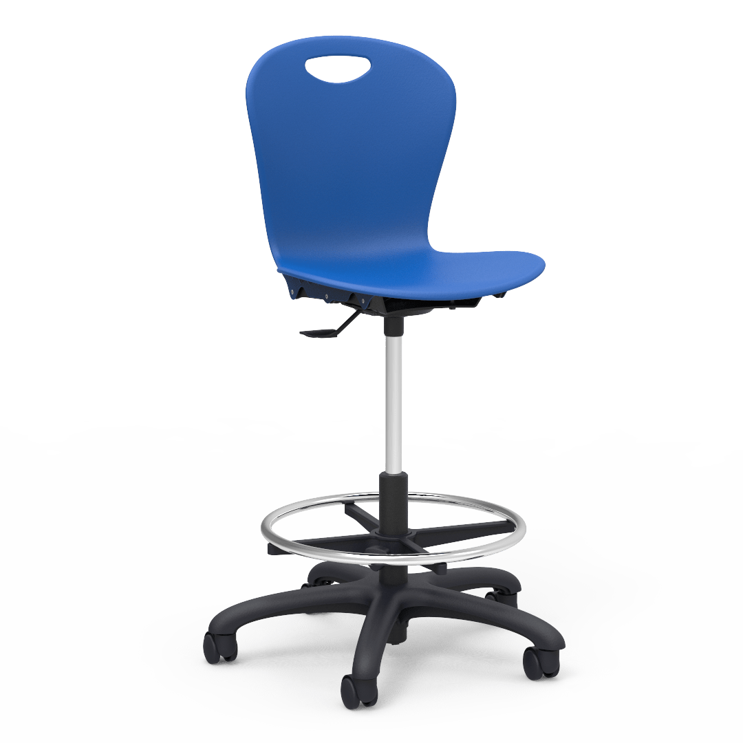 Virco ZLAB - Zuma Series Mobile Lab Stool with Chrome Footring and Black Base/Wheels - Seat Adjusts from 19 1/2" to 27" - SchoolOutlet