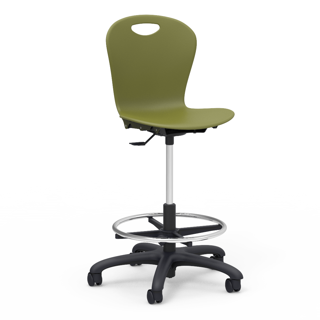 Virco ZLAB - Zuma Series Mobile Lab Stool with Chrome Footring and Black Base/Wheels - Seat Adjusts from 19 1/2" to 27" - SchoolOutlet