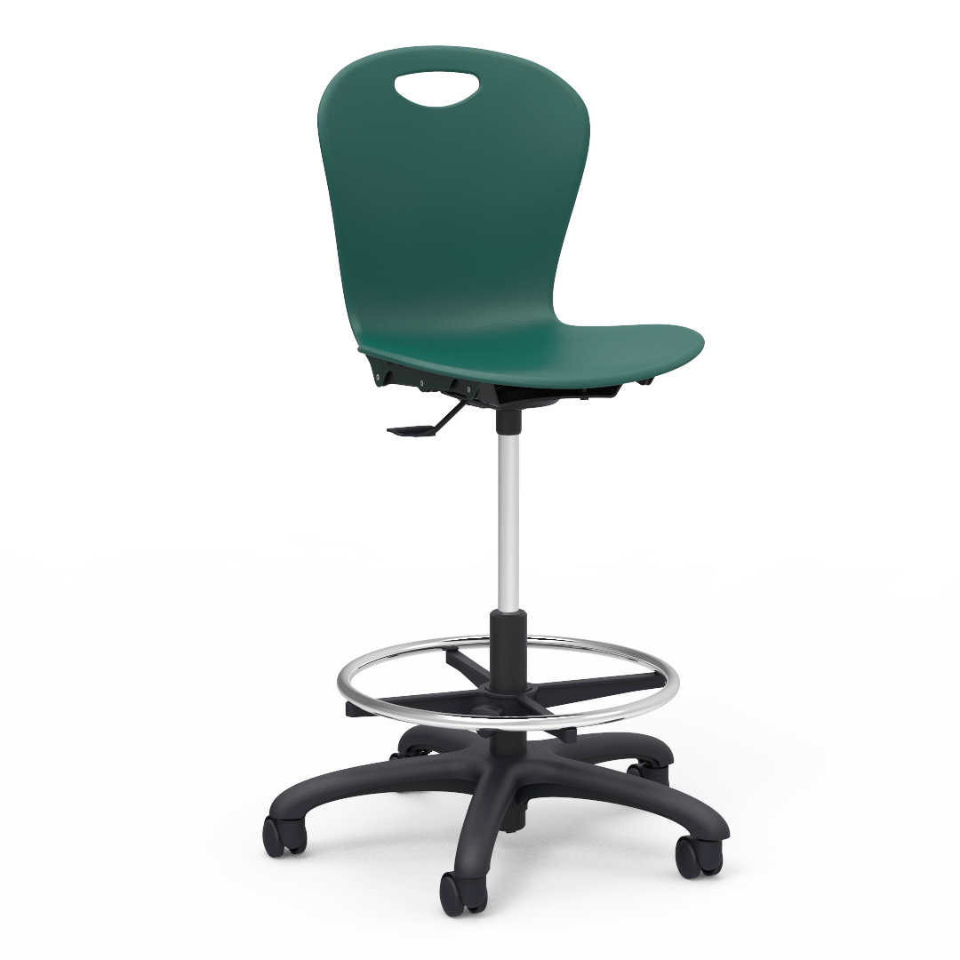 Virco ZLAB - Zuma Series Mobile Lab Stool with Chrome Footring and Black Base/Wheels - Seat Adjusts from 19 1/2" to 27" - SchoolOutlet