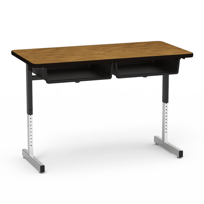 Virco 878 - Double Student Desk, Dual Open Front Book Boxes, 24" x 48" Top, Adjustable Cantilevered Legs (Virco 878) - SchoolOutlet