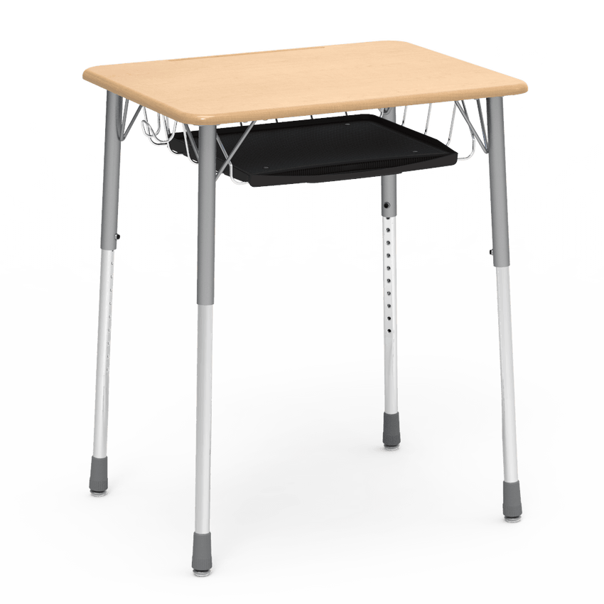 Virco ZADJ2026BRTBHM - ZUMA Series Student Desk, Hard Plastic Top (20" x 26-1/8"), Adjustable Height Legs (22"-34"H) with wire book basket with pencil tray and backpack hanger - SchoolOutlet